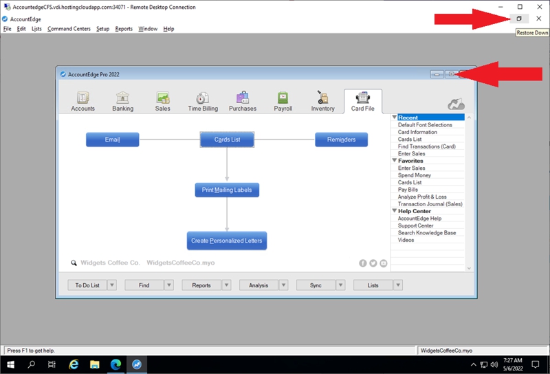 Image of AccountEdge with arrows pointing towards the windows icons for the software.